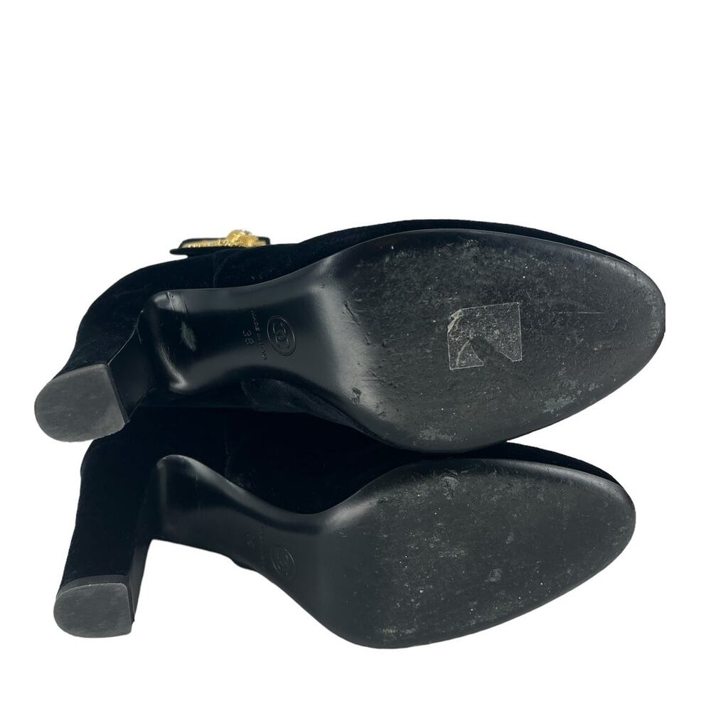 CHANEL Black Velvet Ankle Boots with Gold CC Medallion - Picture 16 of 16